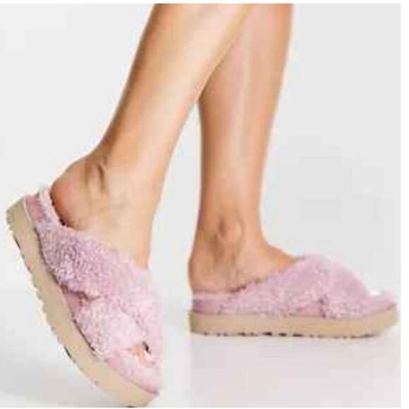 UGG Fuzz Sugar cross strap slide platform sandals in shell size 7 - Picture 2 of 14